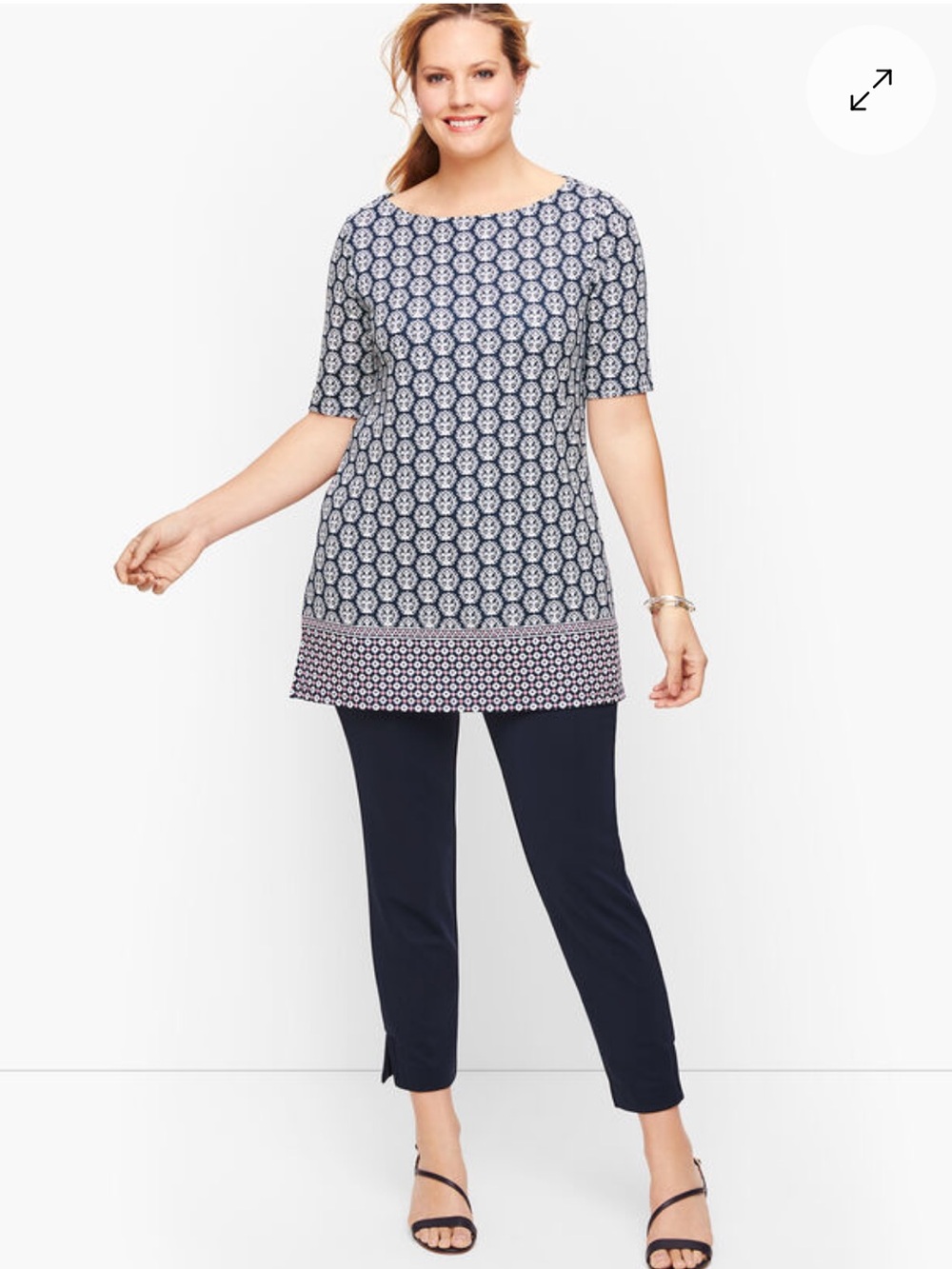 Talbots KNIT JERSEY BATEAU TUNIC Top MEDALLION Sz 1X Blue Liquid Knit Casual